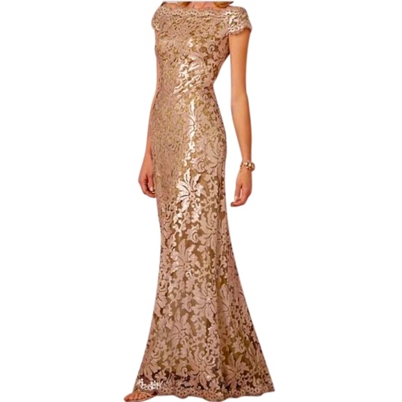 Tadashi Shoji x BHLDN Odette 4 & 10 Gold Green Sequin Lace Maxi Gown - Picture 2 of 13